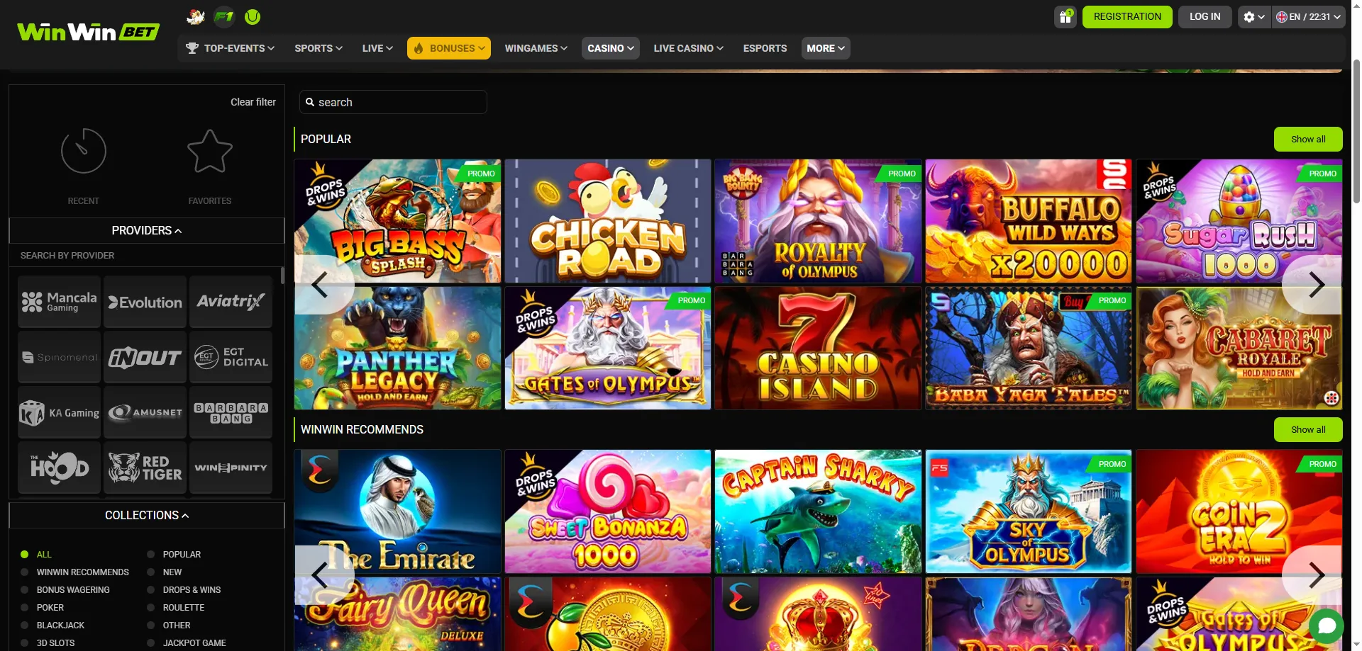 Jeux de casino WinWin Bet CI — plus de 1200 slots et tables